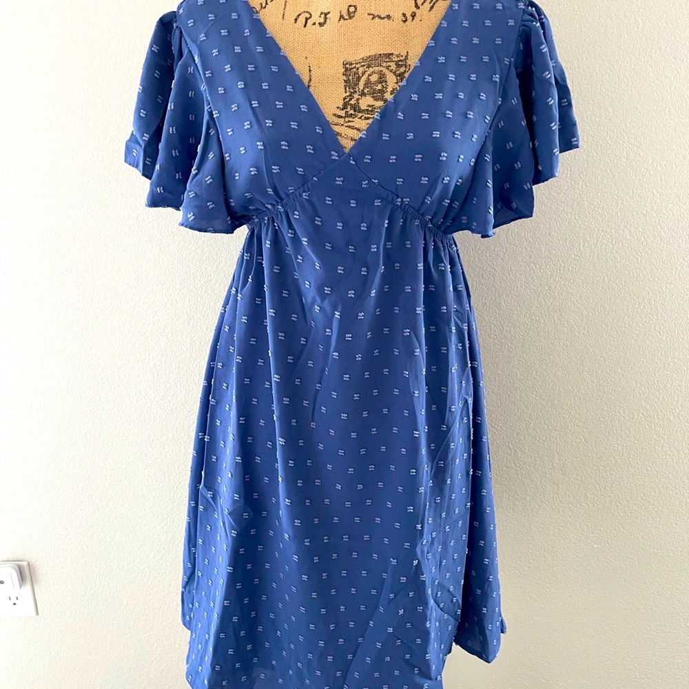 Women’s Sexy V-Neck Ruffle Sleeve Short Tunic Dress - Blue, Size‎ Small